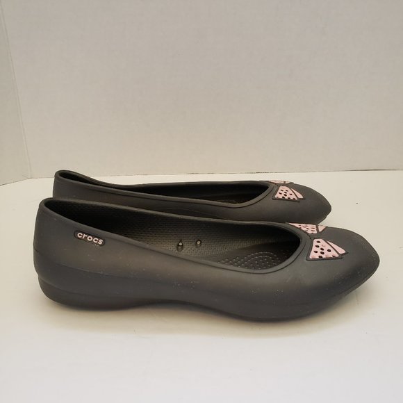 Girls Crocs Ballet Flats Grey with Pink Bow - Picture 2 of 8